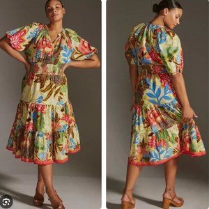 Anthropologie Conditions Apply Puff-Sleeve Tropical Print Tiered Midi Dress, 14